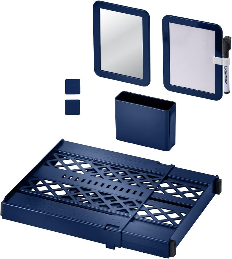LockerMate Adjust-A-Shelf 6-Piece Locker Accessories Set, Extends to Fit Your Locker, Includes Storage Drawer, Mirror, Whiteboard, Storage Cup, Navy, Blue (50924KIT-NVY) - Image 1